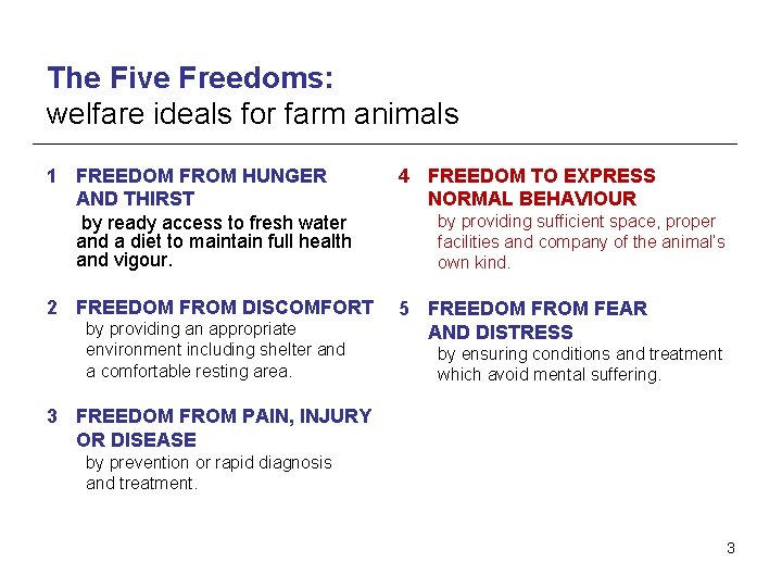 The Five Freedoms: welfare ideals for farm animals 1 FREEDOM FROM HUNGER AND THIRST