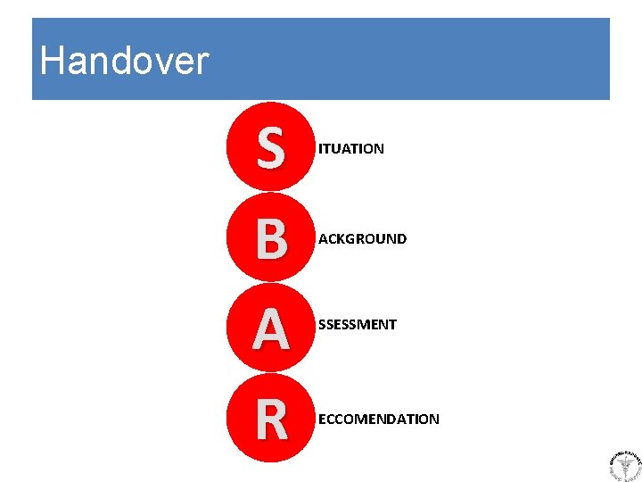 Handover S B A R ITUATION ACKGROUND SSESSMENT ECCOMENDATION 
