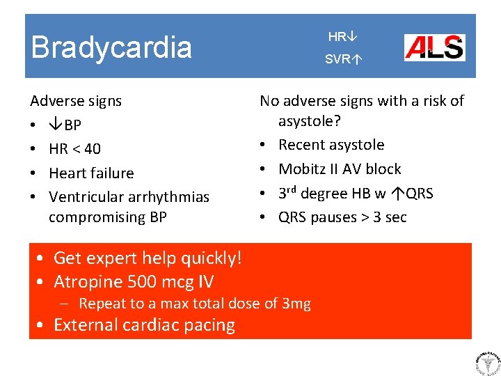 HR Bradycardia Adverse signs • BP • HR < 40 • Heart failure •
