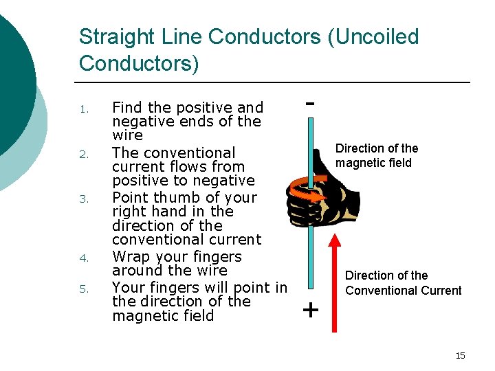 Straight Line Conductors (Uncoiled Conductors) 1. 2. 3. 4. 5. Find the positive and