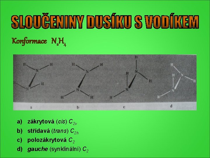 Konformace N 2 H 4 a) zákrytová (cis) C 2 v b) střídavá (trans) Konformace N 2 H 4 a) zákrytová (cis) C 2 v b) střídavá (trans)