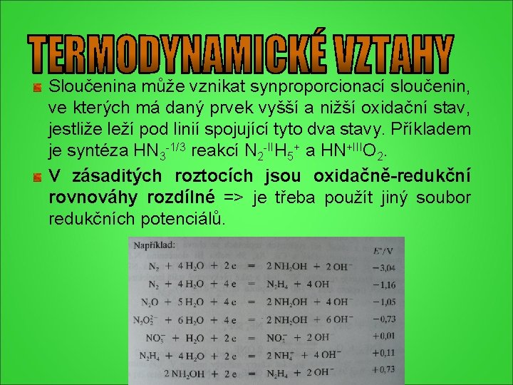 Sloučenina může vznikat synproporcionací sloučenin, ve kterých má daný prvek vyšší a nižší oxidační Sloučenina může vznikat synproporcionací sloučenin, ve kterých má daný prvek vyšší a nižší oxidační