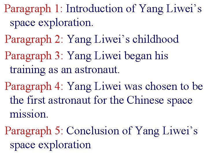 Paragraph 1: Introduction of Yang Liwei’s space exploration. Paragraph 2: Yang Liwei’s childhood Paragraph Paragraph 1: Introduction of Yang Liwei’s space exploration. Paragraph 2: Yang Liwei’s childhood Paragraph