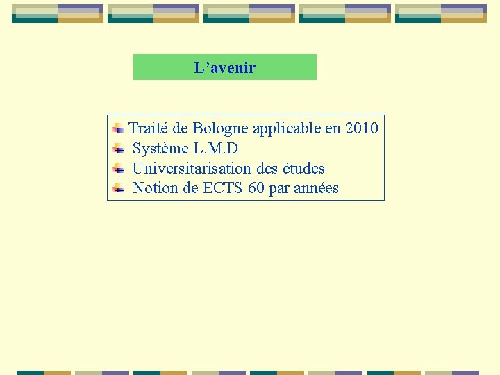 L’avenir Traité de Bologne applicable en 2010 Système L. M. D Universitarisation des études