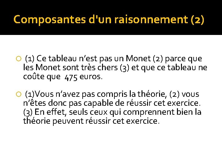 Composantes d'un raisonnement (2) (1) Ce tableau n’est pas un Monet (2) parce que