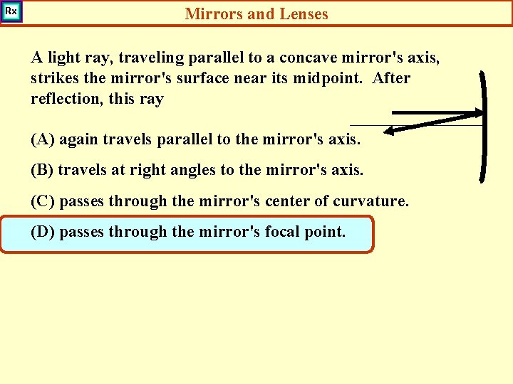 Mirrors and Lenses A light ray, traveling parallel to a concave mirror's axis, strikes