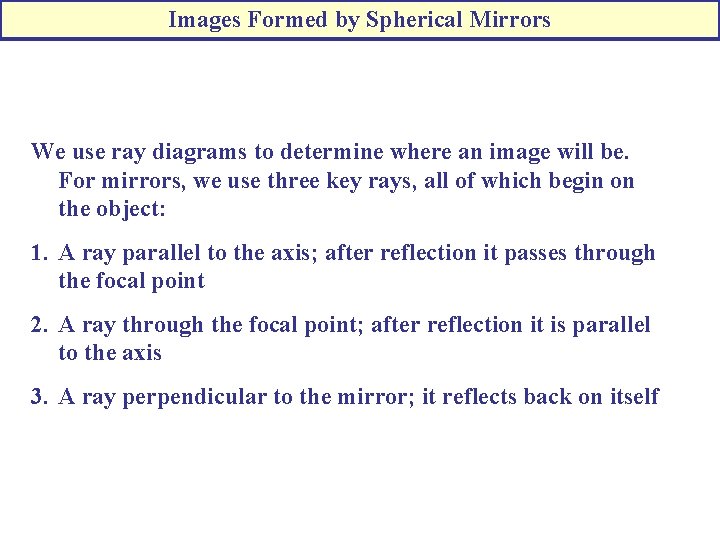 Images Formed by Spherical Mirrors We use ray diagrams to determine where an image