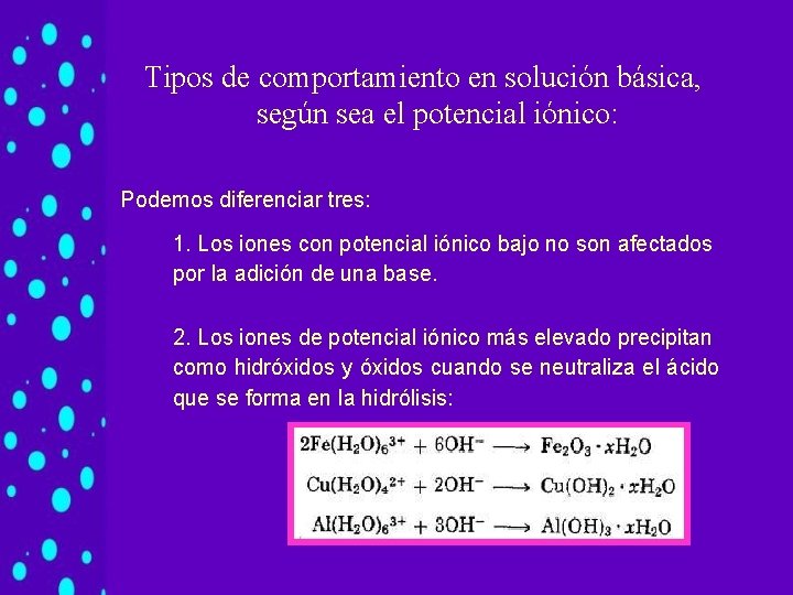 Tipos de comportamiento en solución básica, según sea el potencial iónico: Podemos diferenciar tres: Tipos de comportamiento en solución básica, según sea el potencial iónico: Podemos diferenciar tres: