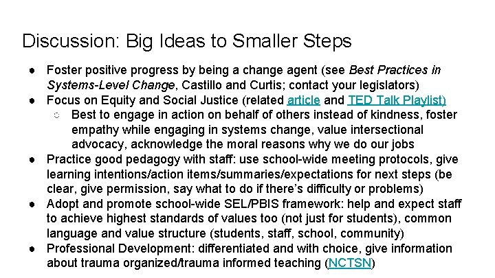 Discussion: Big Ideas to Smaller Steps ● Foster positive progress by being a change