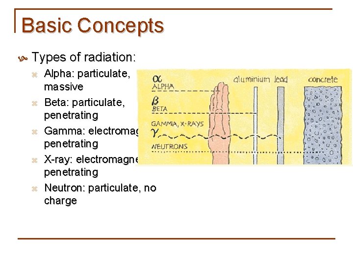 Basic Concepts Types of radiation: z z z Alpha: particulate, massive Beta: particulate, penetrating