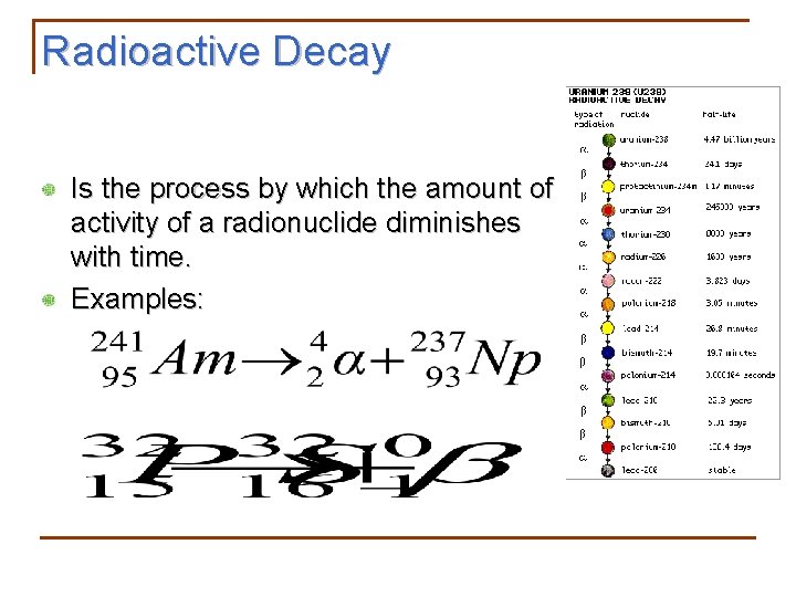 Radioactive Decay Is the process by which the amount of activity of a radionuclide