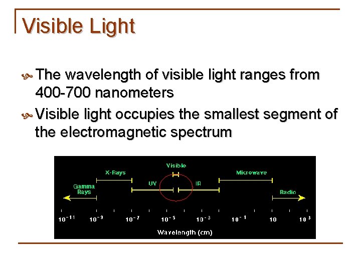 Visible Light The wavelength of visible light ranges from 400 -700 nanometers Visible light