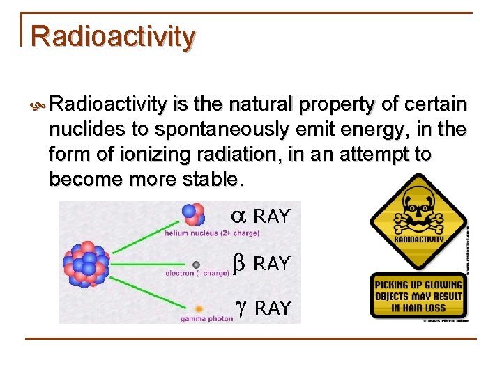 Radioactivity is the natural property of certain nuclides to spontaneously emit energy, in the