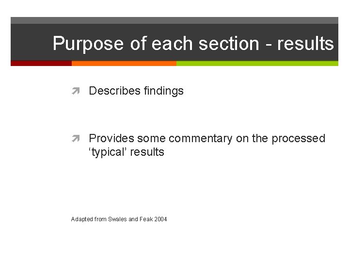 Purpose of each section - results Describes findings Provides some commentary on the processed