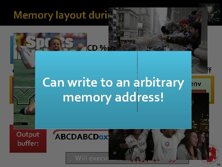 Memory layout during printf arg eip ebp main Can writevulnto an arbitrary Stack 1