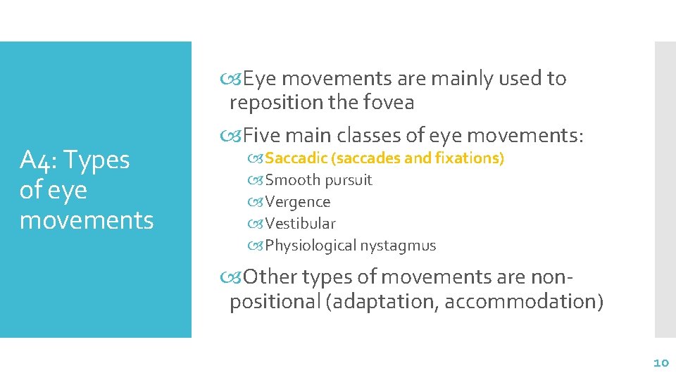 A 4: Types of eye movements Eye movements are mainly used to reposition the