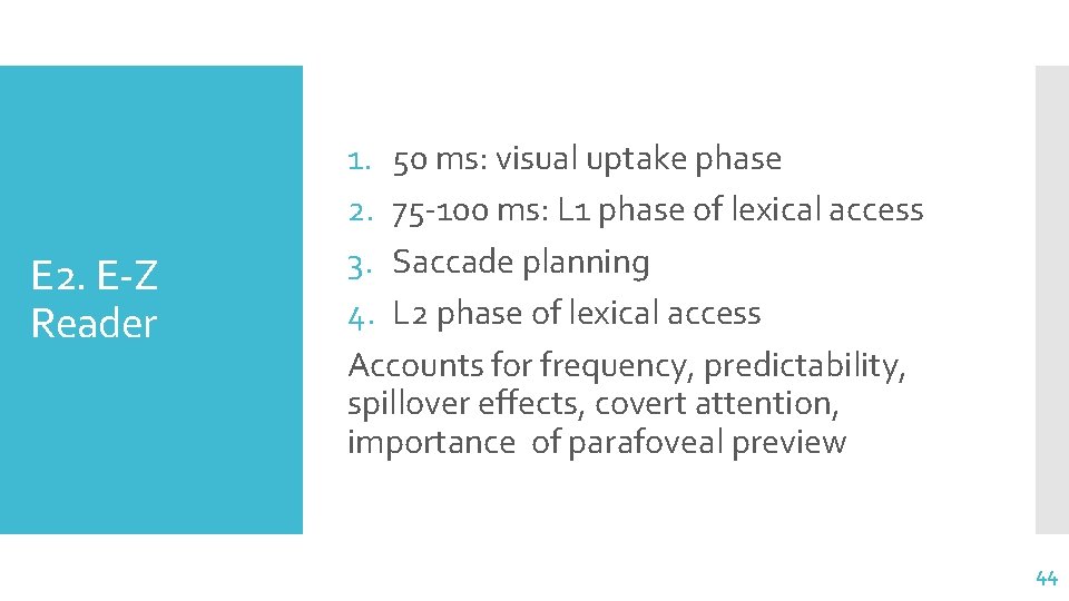 E 2. E-Z Reader 1. 50 ms: visual uptake phase 2. 75 -100 ms: