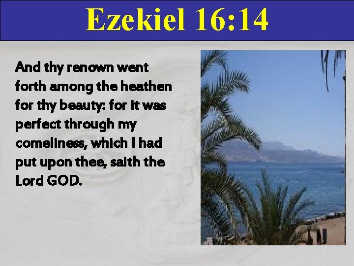 Ezekiel 16: 14 And thy renown went forth among the heathen for thy beauty: Ezekiel 16: 14 And thy renown went forth among the heathen for thy beauty:
