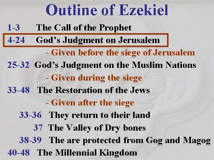 Outline of Ezekiel 1 -3 The Call of the Prophet 4 -24 God’s Judgment Outline of Ezekiel 1 -3 The Call of the Prophet 4 -24 God’s Judgment