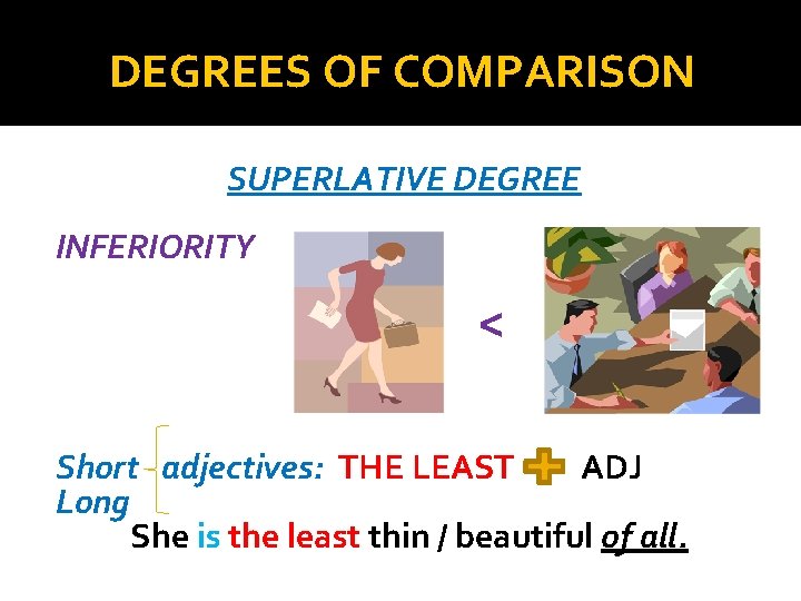 DEGREES OF COMPARISON SUPERLATIVE DEGREE INFERIORITY < Short adjectives: THE LEAST ADJ Long She