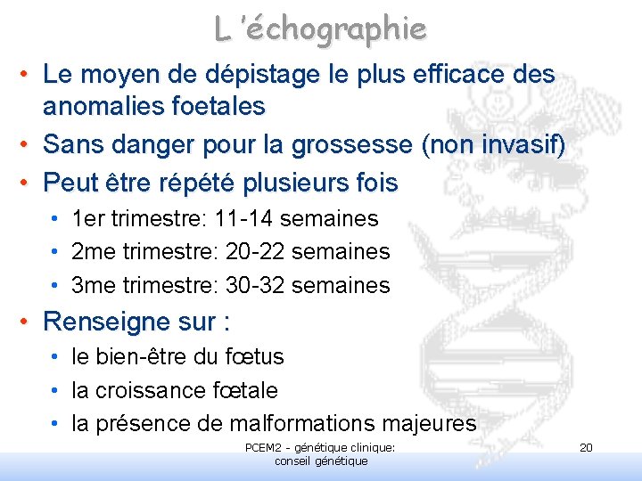 L ’échographie • Le moyen de dépistage le plus efficace des anomalies foetales •