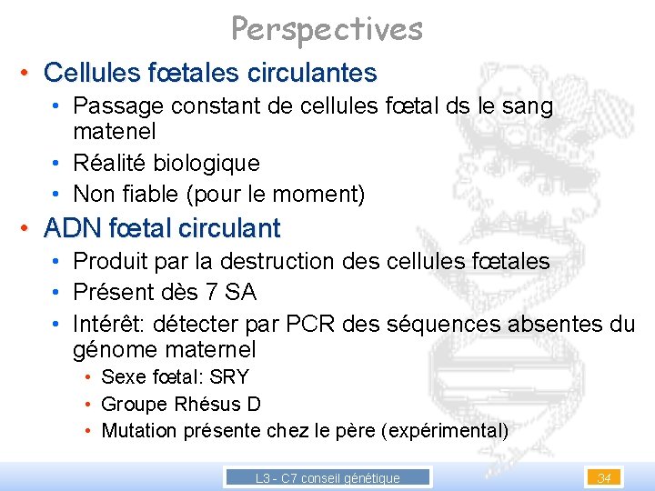 Perspectives • Cellules fœtales circulantes • Passage constant de cellules fœtal ds le sang