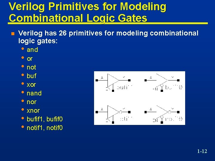 Verilog Primitives for Modeling Combinational Logic Gates n Verilog has 26 primitives for modeling