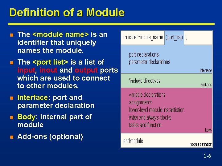 Definition of a Module n The <module name> is an identifier that uniquely names