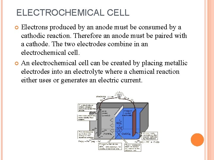 ELECTROCHEMICAL CELL Electrons produced by an anode must be consumed by a cathodic reaction.