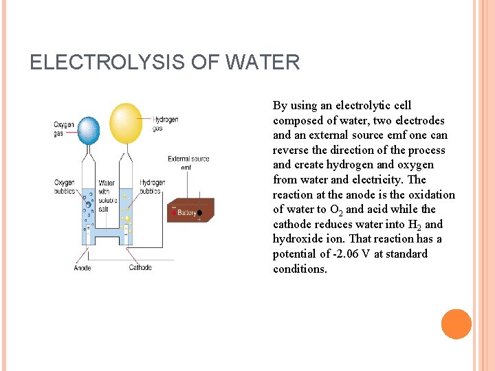 ELECTROLYSIS OF WATER By using an electrolytic cell composed of water, two electrodes and