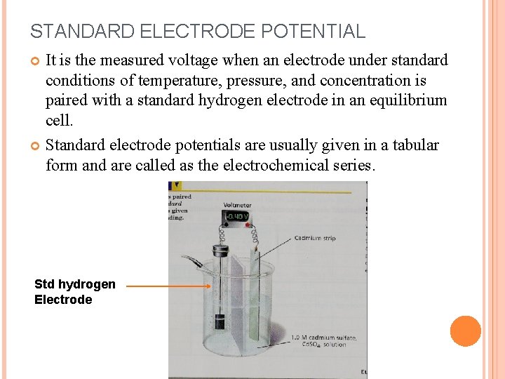 STANDARD ELECTRODE POTENTIAL It is the measured voltage when an electrode under standard conditions