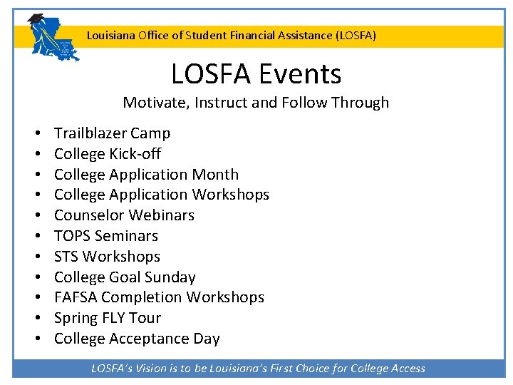 Louisiana Office of Student Financial Assistance (LOSFA) LOSFA Events Motivate, Instruct and Follow Through