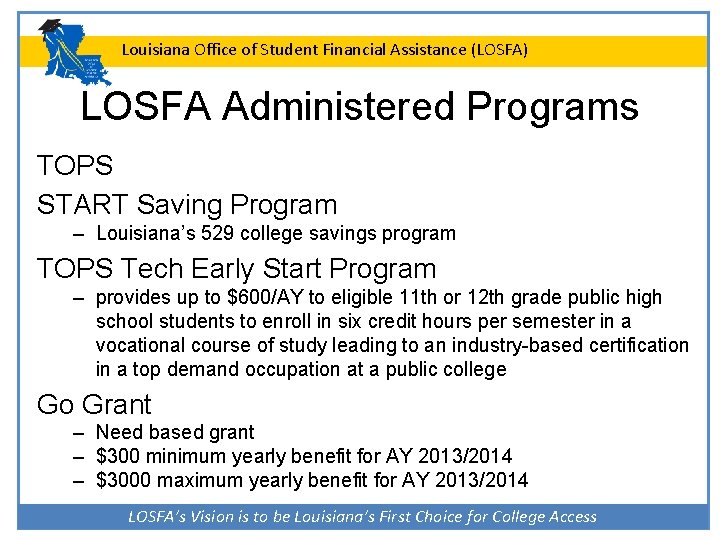 Louisiana Office of Student Financial Assistance (LOSFA) LOSFA Administered Programs TOPS START Saving Program