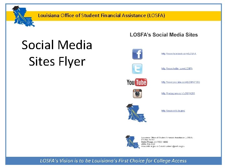 Louisiana Office of Student Financial Assistance (LOSFA) Social Media Sites Flyer LOSFA’s Vision is