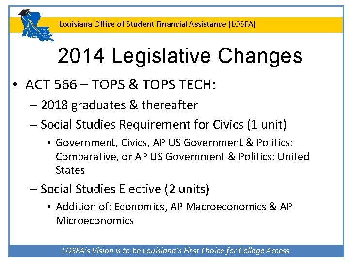 Louisiana Office of Student Financial Assistance (LOSFA) 2014 Legislative Changes • ACT 566 –