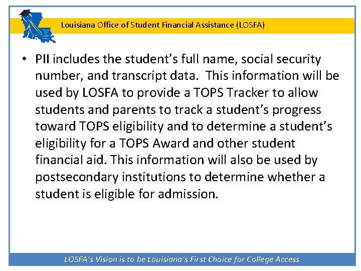 Louisiana Office of Student Financial Assistance (LOSFA) • PII includes the student’s full name,