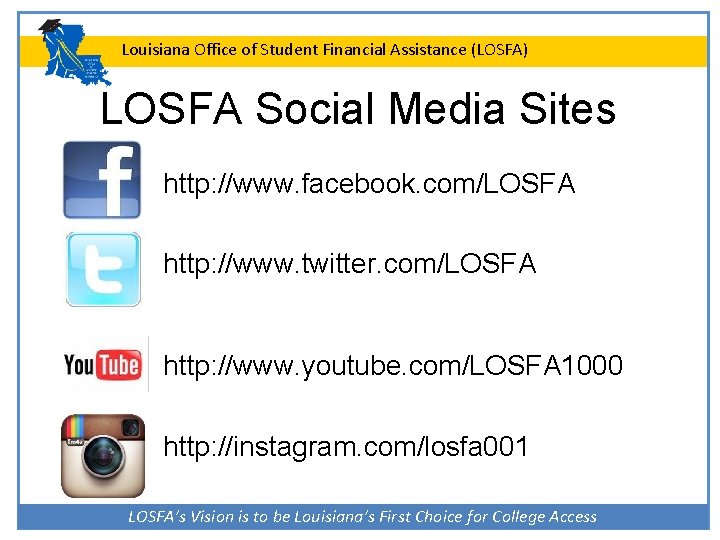 Louisiana Office of Student Financial Assistance (LOSFA) LOSFA Social Media Sites http: //www. facebook.