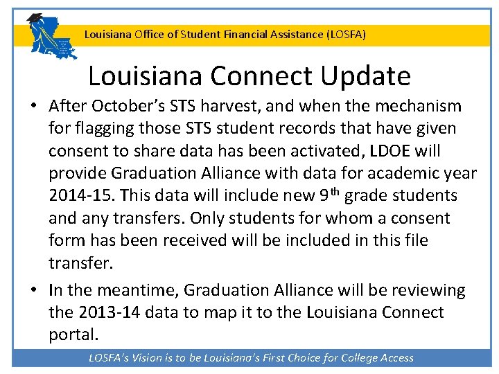 Louisiana Office of Student Financial Assistance (LOSFA) Louisiana Connect Update • After October’s STS