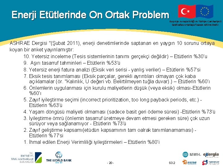 Enerji Etütlerinde On Ortak Problem Bu proje Avrupa Birliği ve Türkiye Cumhuriyeti tarafından ortaklaşa