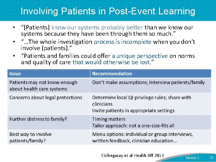 Involving Patients in Post-Event Learning • “[Patients] know our systems probably better than we