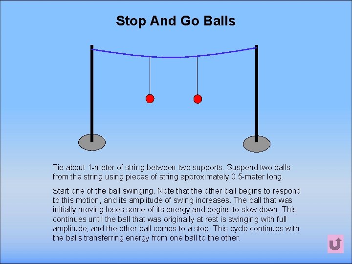 Stop And Go Balls Tie about 1 -meter of string between two supports. Suspend