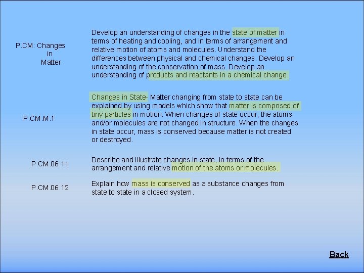 P. CM: Changes in Matter Develop an understanding of changes in the state of