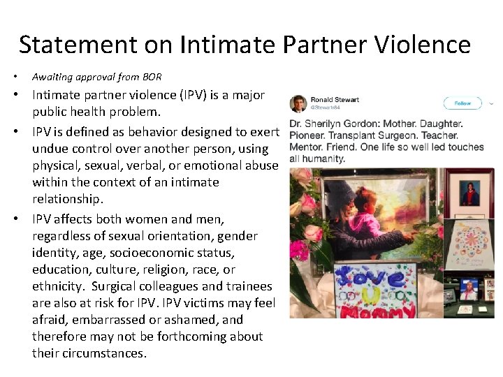 Statement on Intimate Partner Violence • Awaiting approval from BOR • Intimate partner violence