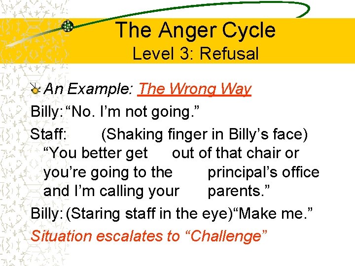 The Anger Cycle Level 3: Refusal An Example: The Wrong Way Billy: “No. I’m