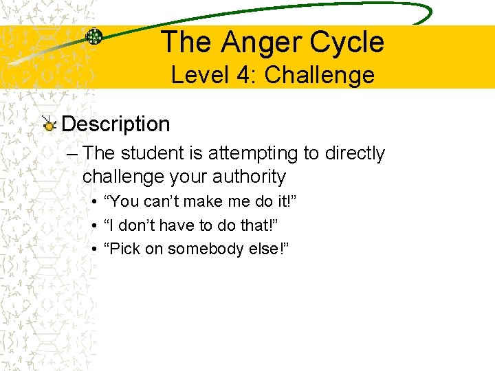 The Anger Cycle Level 4: Challenge Description – The student is attempting to directly