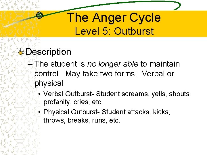 The Anger Cycle Level 5: Outburst Description – The student is no longer able