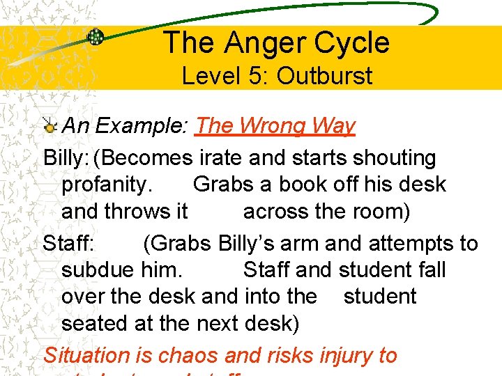 The Anger Cycle Level 5: Outburst An Example: The Wrong Way Billy: (Becomes irate