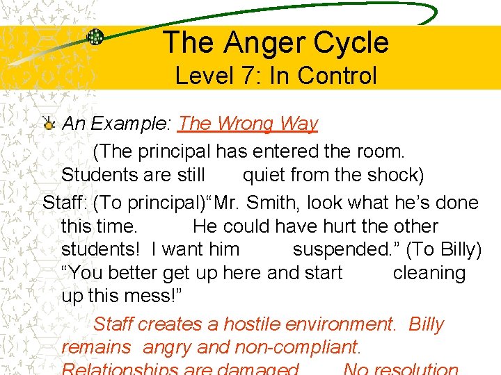 The Anger Cycle Level 7: In Control An Example: The Wrong Way (The principal