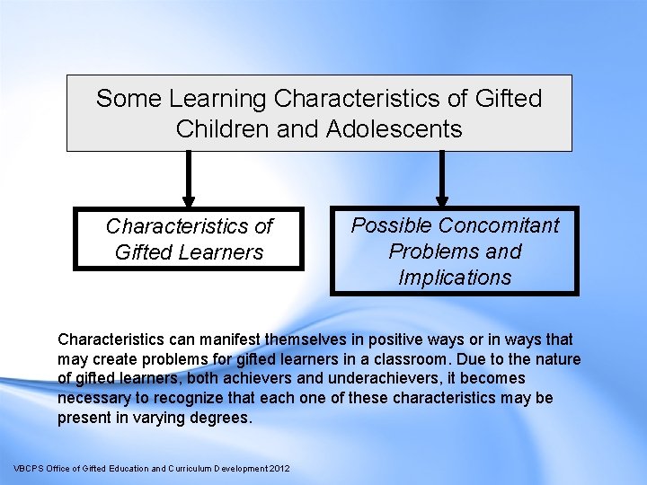 Some Learning Characteristics of Gifted Children and Adolescents Characteristics of Gifted Learners Possible Concomitant