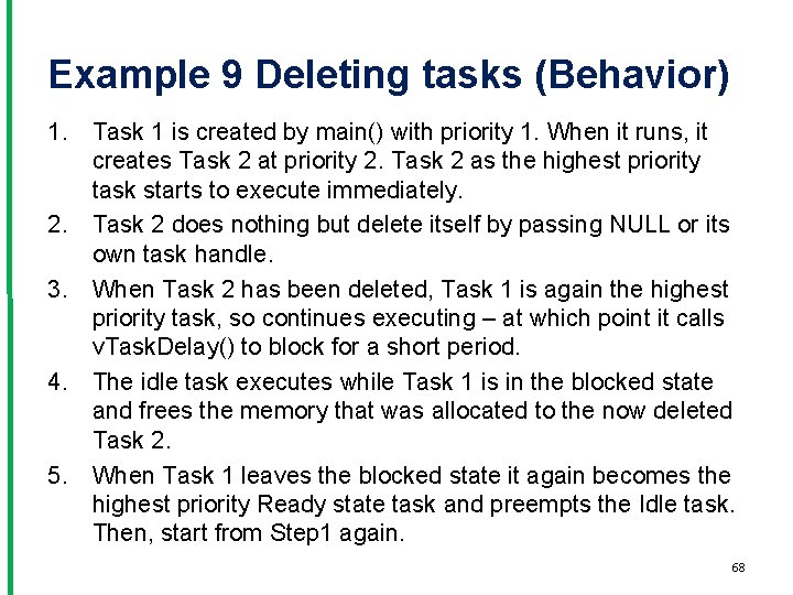 Example 9 Deleting tasks (Behavior) 1. Task 1 is created by main() with priority